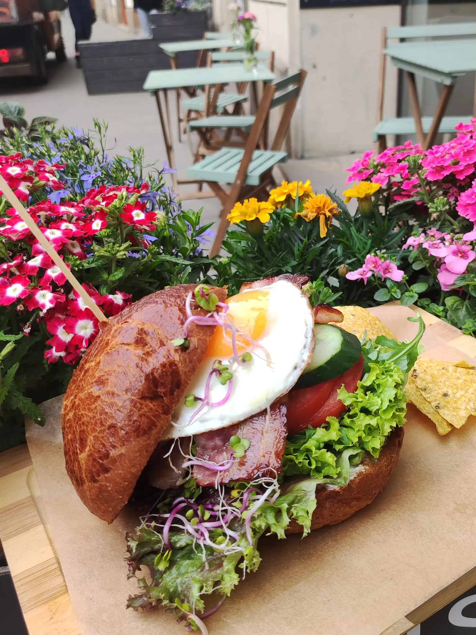 Burger z jajkiem sadzonym w ogródku Frania Cafe, wśród kwiatów